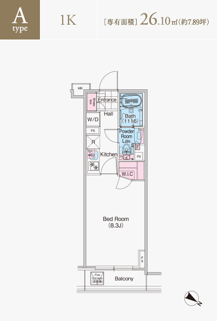Aタイプ　1K　専有面積26.10平米（約7.89坪）