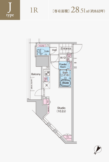 Jタイプ　1R　専有面積28.51平米（約8.62坪）