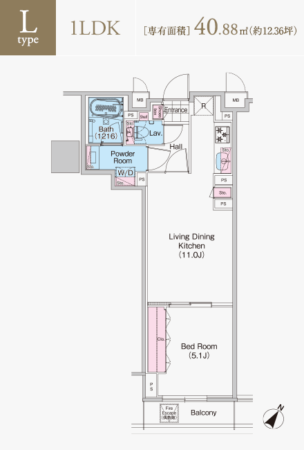 Lタイプ　1LDK　専有面積40.88平米（約12.36坪）