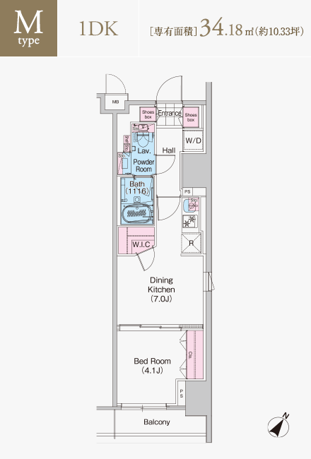Mタイプ　1DK　専有面積34.18平米（約10.33坪）