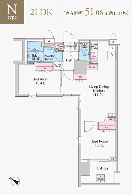 Nタイプ　2LDK　専有面積51.06平米（約15.44坪）