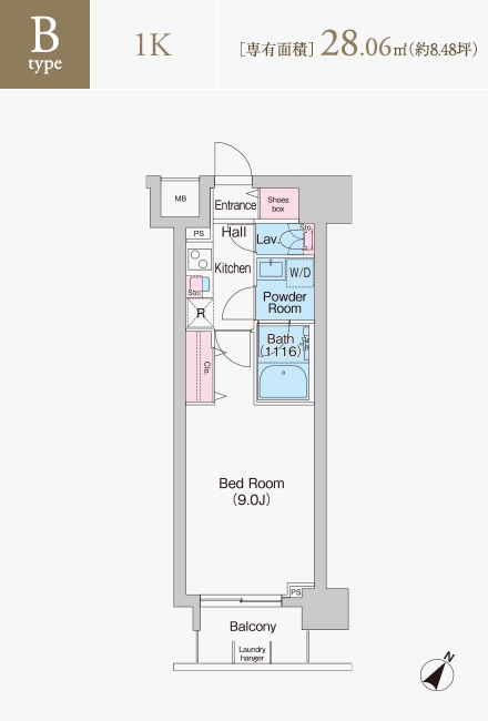 Bタイプ　1K　専有面積28.06平米（約8.48坪）