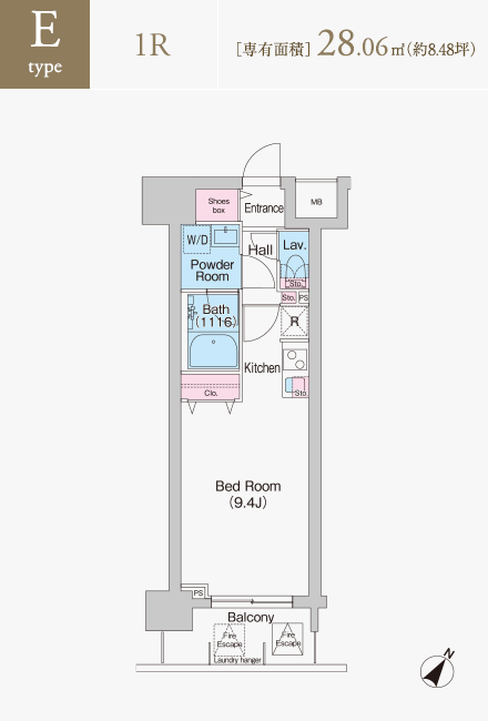 Eタイプ　1R　専有面積28.06平米（約8.48坪）