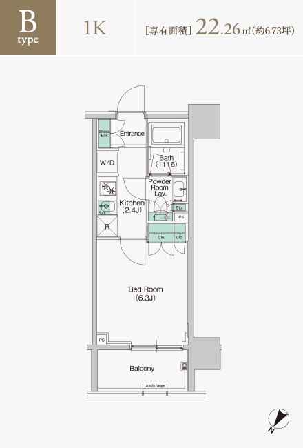 Bタイプ　1K　専有面積22.26平米（約6.73坪）