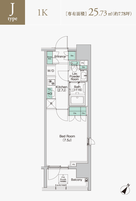 Jタイプ　1K　専有面積25.73平米（約7.78坪）