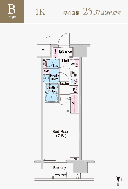 Bタイプ　1K　専有面積25.37平米（約7.67坪）